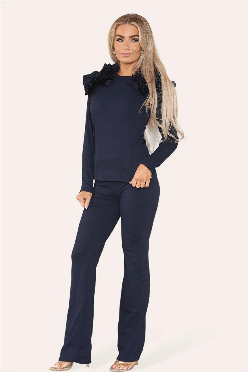 Ruffle Frill Shoulder Ribbed Loungewear Co-Ord Top & Trouser Set - Remzs Fashion