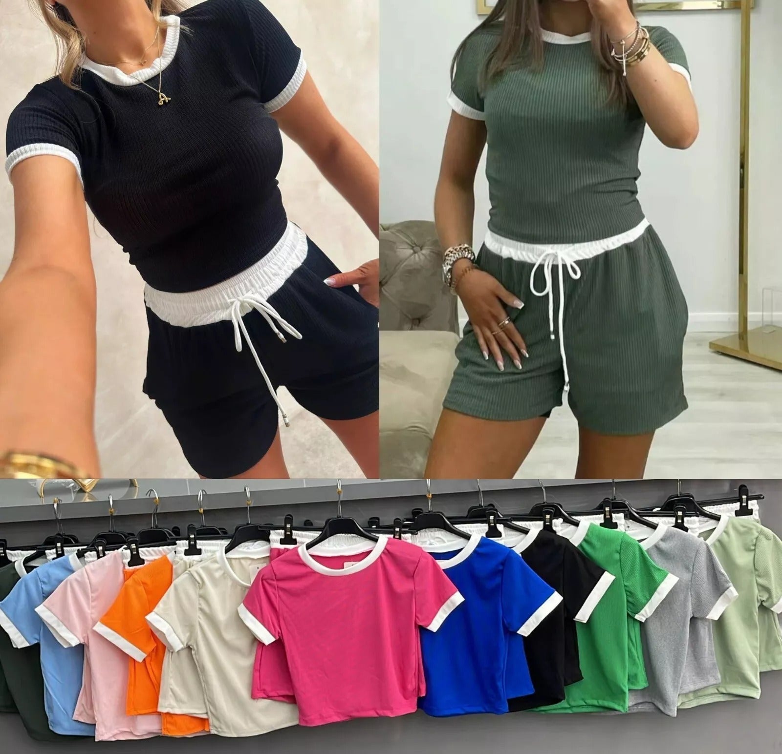 Women Contrast Ribbed Short Sleeve Top Shorts Set Ladies Two Piece Summer Co-ord - Remzs Fashion