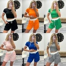 Women Contrast Ribbed Short Sleeve Top Shorts Set Ladies Two Piece Summer Co-ord - Remzs Fashion