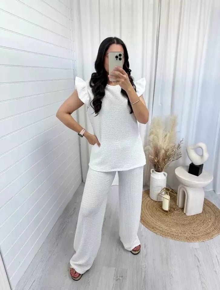 Women Loungwear Ladies Pop Corn Fabric Frill Sleeve Top Trousers 2PCS Co Ord - Remzs Fashion