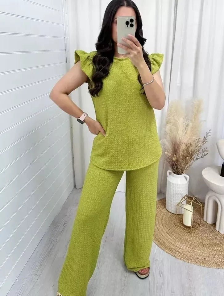 Women Loungwear Ladies Pop Corn Fabric Frill Sleeve Top Trousers 2PCS Co Ord - Remzs Fashion