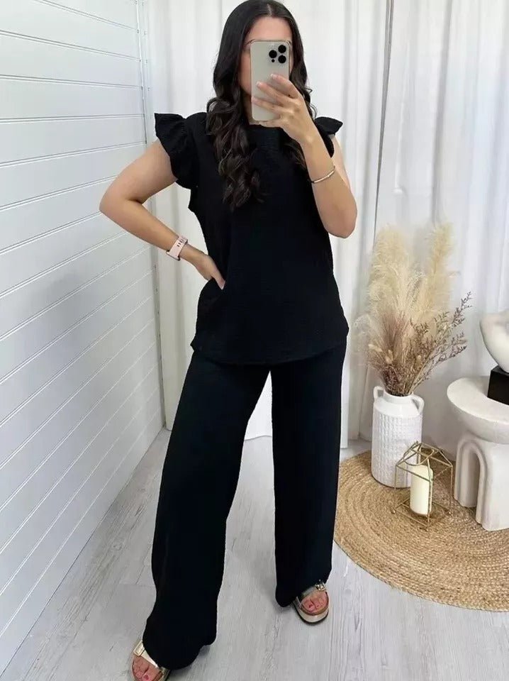 Women Loungwear Ladies Pop Corn Fabric Frill Sleeve Top Trousers 2PCS Co Ord - Remzs Fashion