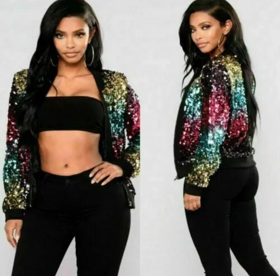 Women Sequin Glitter Bomber Jackets - Remzs Fashion