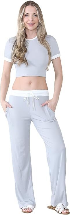 Women’s Ribbed Contrast Crop Tee Top and Trouser Tracksuit Set - Ladies 2 Pcs Short Sleeve Cropped T-Shirt & Loose Fit Bottoms Pants Co-Ord Suit One Size UK 6-12 - Remzs Fashion