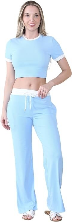 Women’s Ribbed Contrast Crop Tee Top and Trouser Tracksuit Set - Ladies 2 Pcs Short Sleeve Cropped T-Shirt & Loose Fit Bottoms Pants Co-Ord Suit One Size UK 6-12 - Remzs Fashion