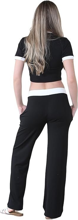 Women’s Ribbed Contrast Crop Tee Top and Trouser Tracksuit Set - Ladies 2 Pcs Short Sleeve Cropped T-Shirt & Loose Fit Bottoms Pants Co-Ord Suit One Size UK 6-12 - Remzs Fashion