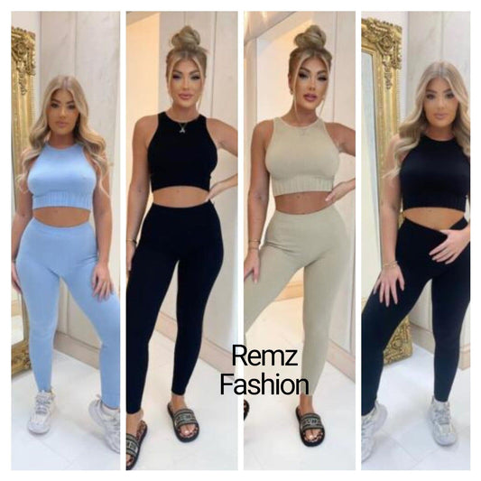 Girls Seamless Crop Top Bottom 2pcs Co-ord Ladies Loungewear Set Tracksuit UK - Remzs Fashion