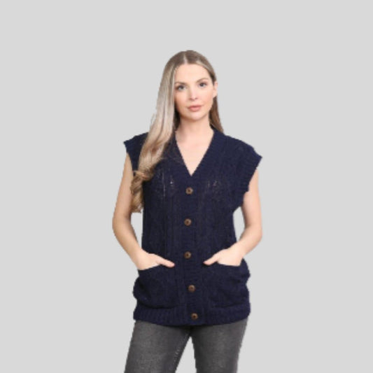 Ladies Button Cable Knitted Grandad Cardigan Womens Sleeveless Waistcoat Sweater - Remzs Fashion