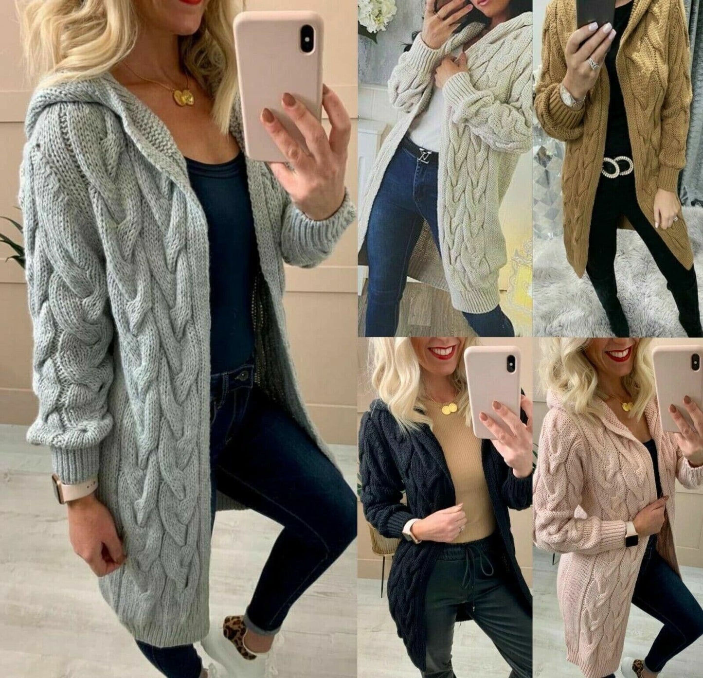 Ladies Cable Knitted Cardigans Oversize Long Hooded Women Chunky Jumper Cape Top - Remzs Fashion