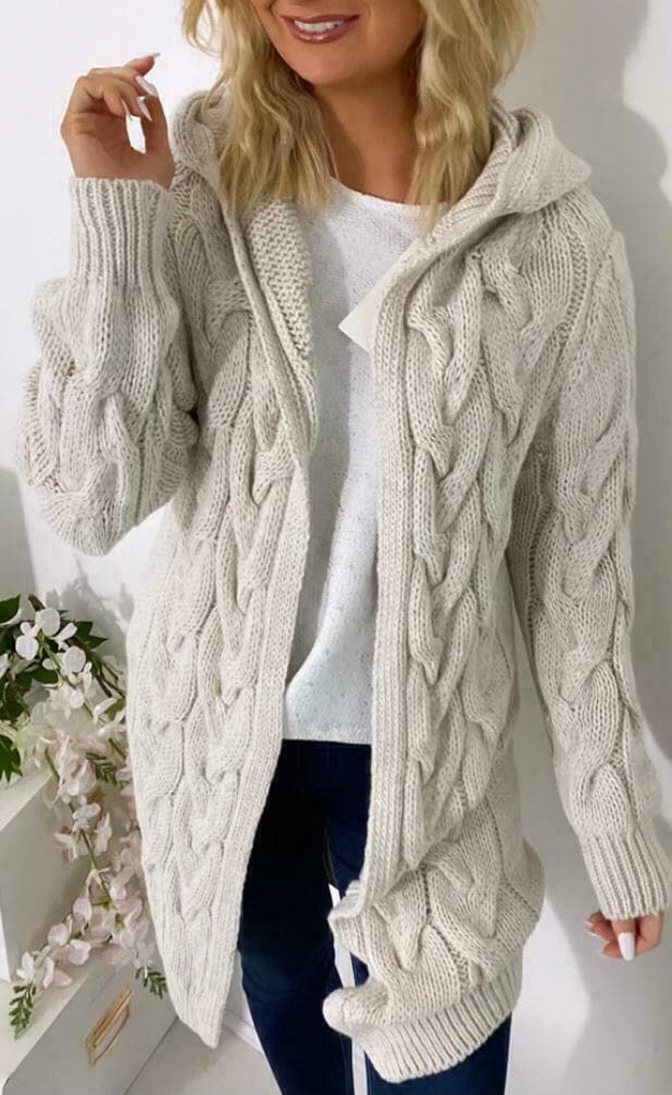 Ladies Cable Knitted Cardigans Oversize Long Hooded Women Chunky Jumper Cape Top - Remzs Fashion