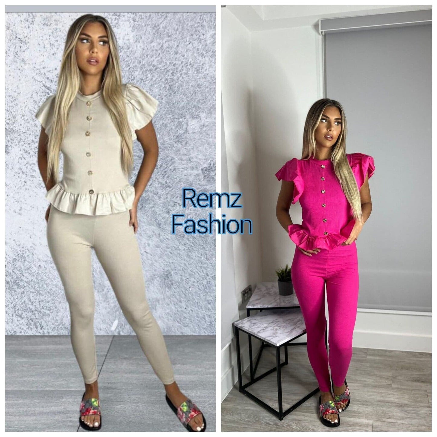 Ladies Italian Peplum Hem Off Shoulder Buttons top Tracksuit Set - Remzs Fashion