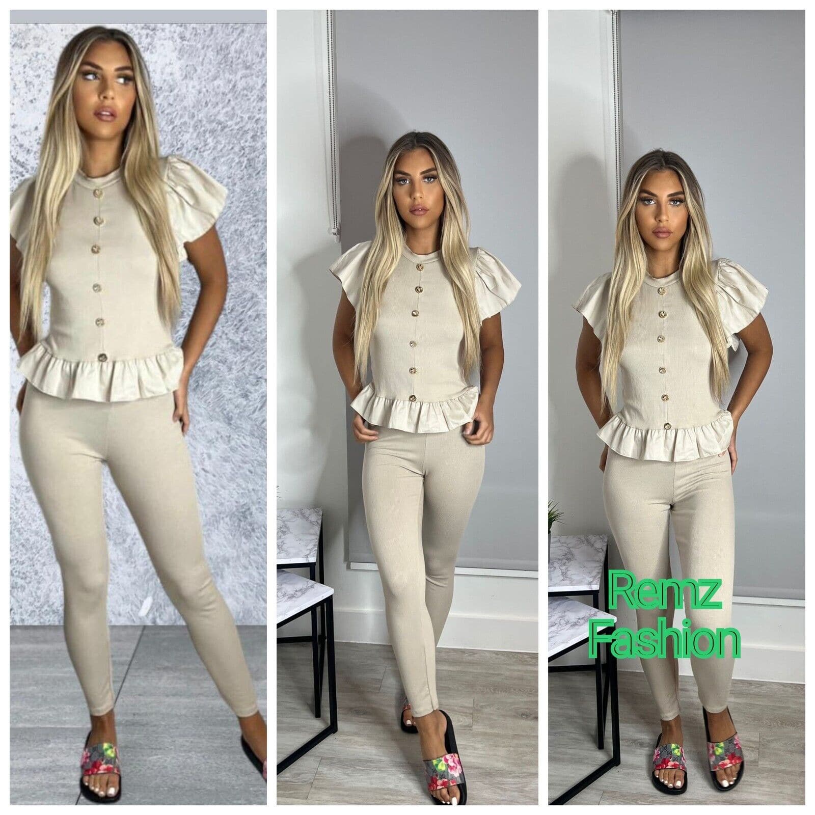 Ladies Italian Peplum Hem Off Shoulder Buttons top Tracksuit Set - Remzs Fashion