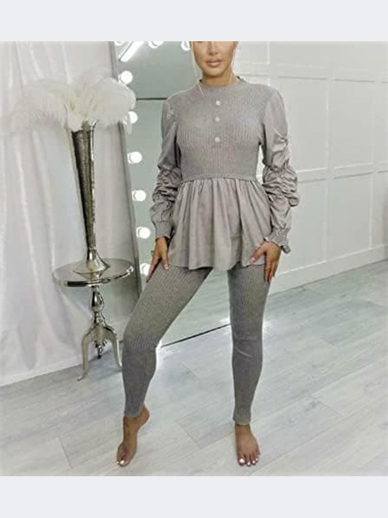 Ladies Round Neck Ribbed Frill Peplum With Leggings Women Loungewear Suit Shirt Contrast Tracksuit Ladies Jumpsuit Set Of 2 Pc - Remzs Fashion