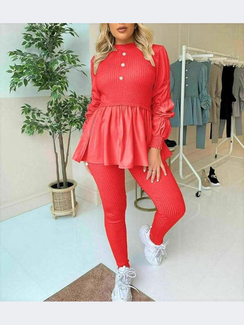 Ladies Round Neck Ribbed Frill Peplum With Leggings Women Loungewear Suit Shirt Contrast Tracksuit Ladies Jumpsuit Set Of 2 Pc - Remzs Fashion