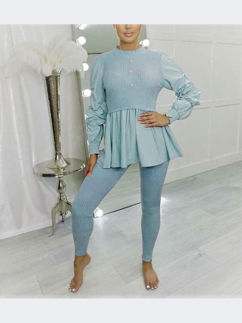 Ladies Round Neck Ribbed Frill Peplum With Leggings Women Loungewear Suit Shirt Contrast Tracksuit Ladies Jumpsuit Set Of 2 Pc - Remzs Fashion