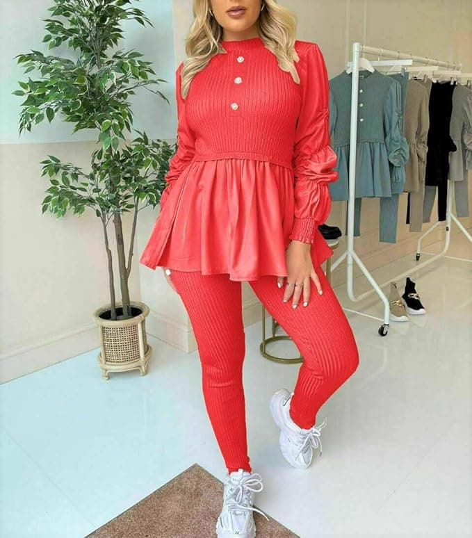 Ladies Round Neck Ribbed Frill Peplum with Leggings Women Loungewear Suit Shirt Contrast Tracksuit Ladies Jumpsuit Set of 2 pc UK Size 08 to 14 one-size-fits-all - Remzs Fashion