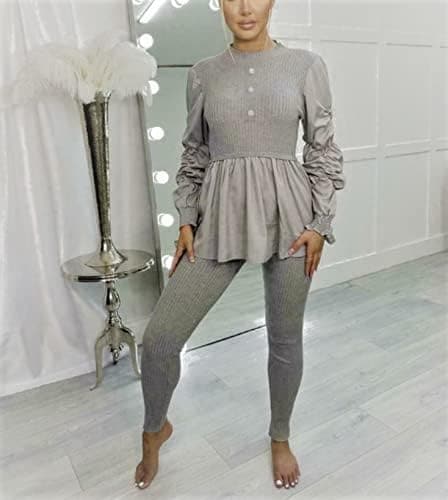 Ladies Round Neck Ribbed Frill Peplum with Leggings Women Loungewear Suit Shirt Contrast Tracksuit Ladies Jumpsuit Set of 2 pc UK Size 08 to 14 one-size-fits-all - Remzs Fashion