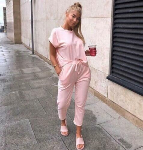 Ladies Short Sleeve Boxy Suit Check Joggers Top Lounge Wear suit Set - Remzs Fashion