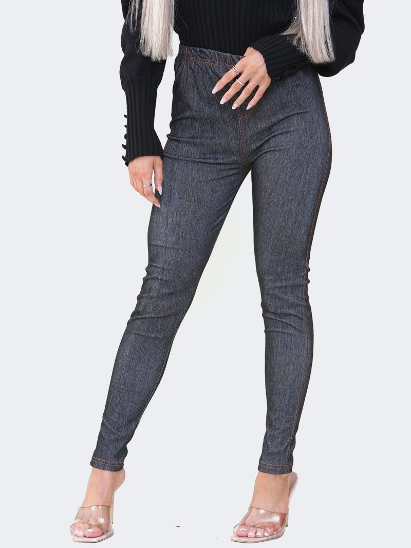 Ladies Stretchy Denim Look Skinny Jeggings Leggings - Remzs Fashion