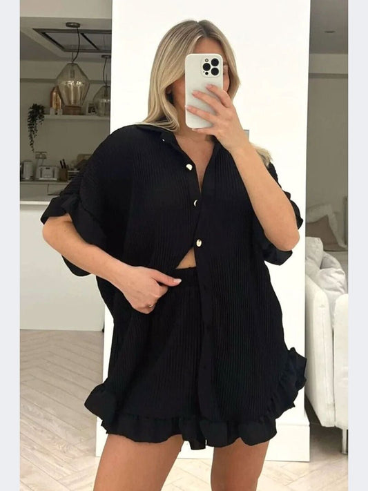 Ladies Women Gold Button Pleated Frill Ruffle Shirt Short Co Order Set - Remzs Fashion