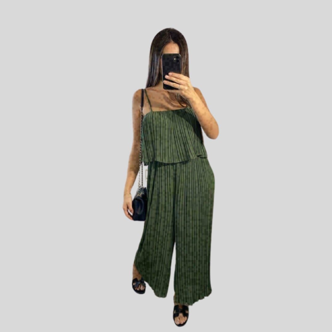 Ladies Women's Chiffon Frill Strappy Crinkle Pleated Jumpsuit Culotte Dress - Remzs Fashion