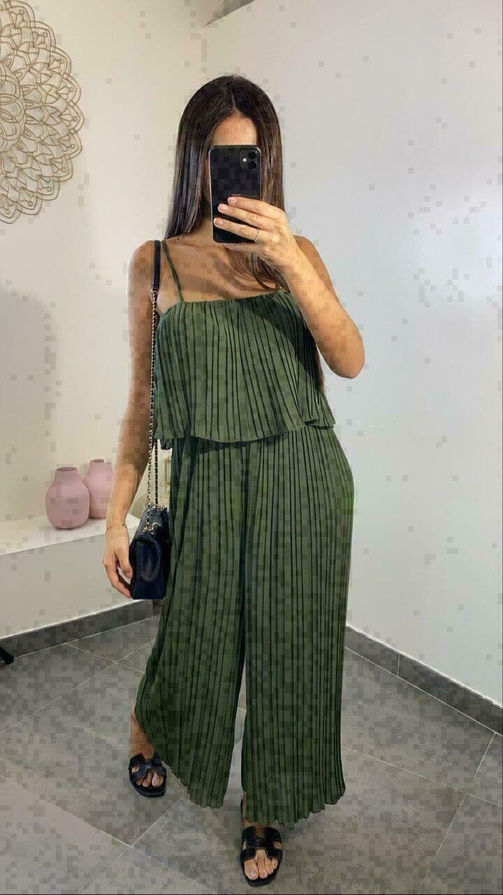 Ladies Women's Chiffon Frill Strappy Crinkle Pleated Jumpsuit Culotte Dress - Remzs Fashion