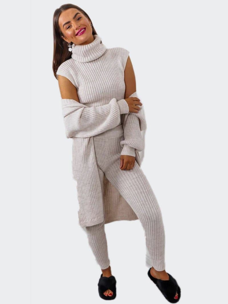 Women 3 Piece Knitted Polo Neck Loungewear Set - Remzs Fashion