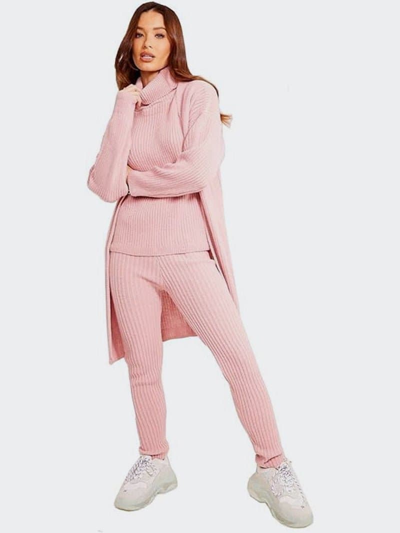 Women 3 Piece Knitted Polo Neck Loungewear Set - Remzs Fashion