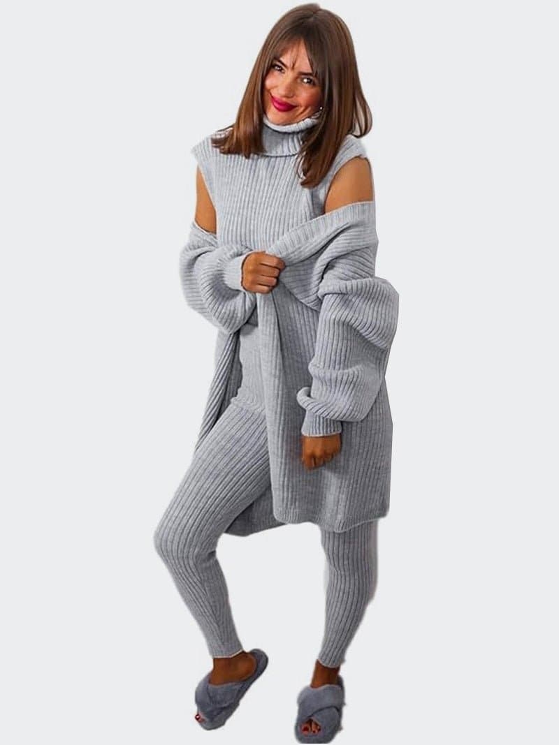 Women 3 Piece Knitted Polo Neck Loungewear Set - Remzs Fashion