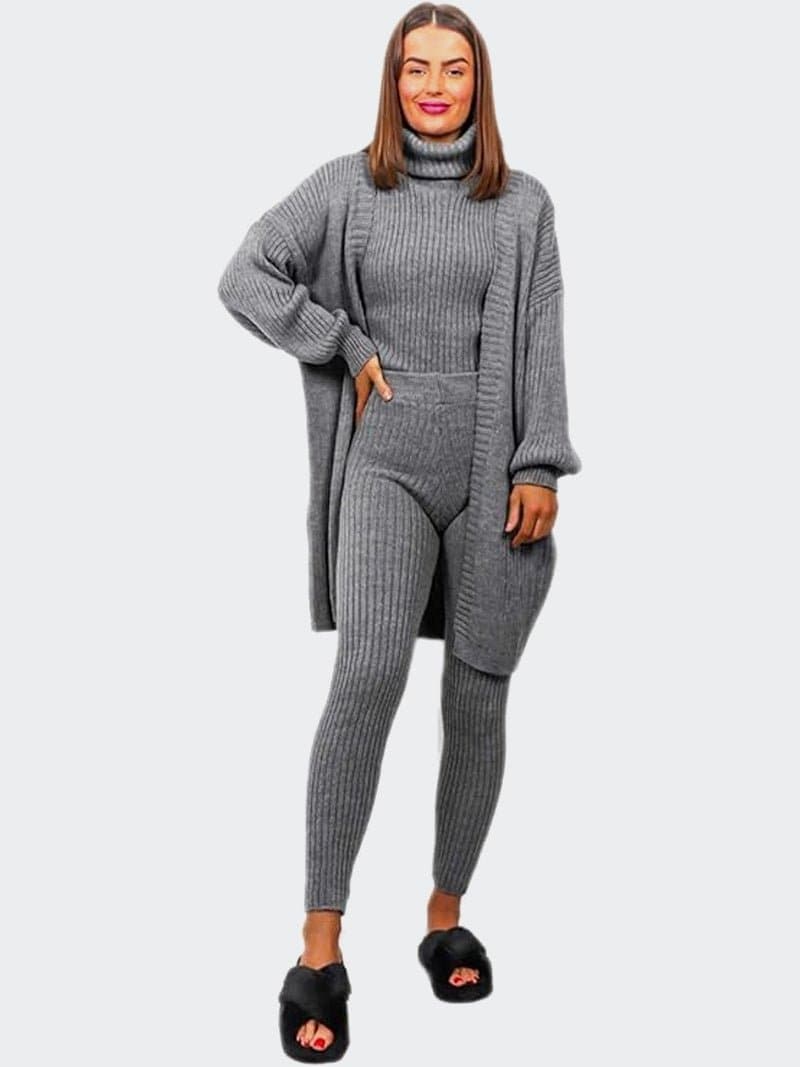 Women 3 Piece Knitted Polo Neck Loungewear Set - Remzs Fashion