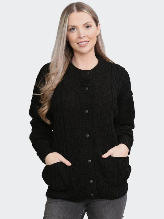 Women Cable Knitted Crew Neck 7 Button Cardigan Sweater - Remzs Fashion