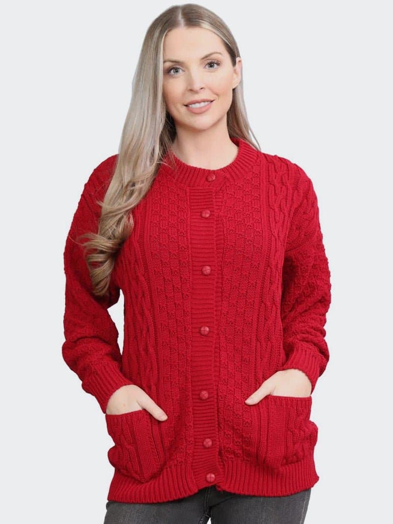 Women Cable Knitted Crew Neck 7 Button Cardigan Sweater - Remzs Fashion