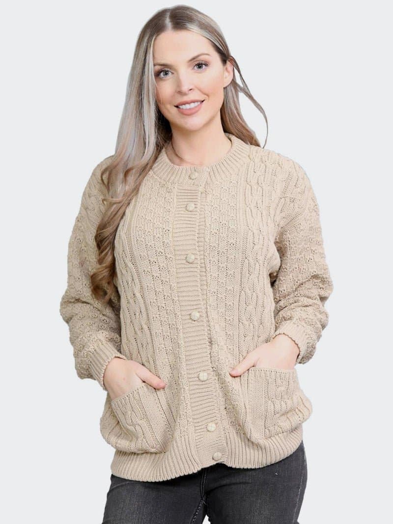 Women Cable Knitted Crew Neck 7 Button Cardigan Sweater - Remzs Fashion