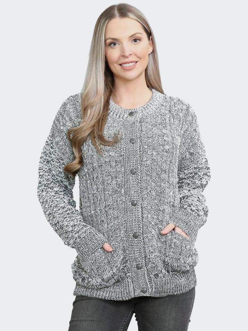 Women Cable Knitted Crew Neck 7 Button Cardigan Sweater - Remzs Fashion