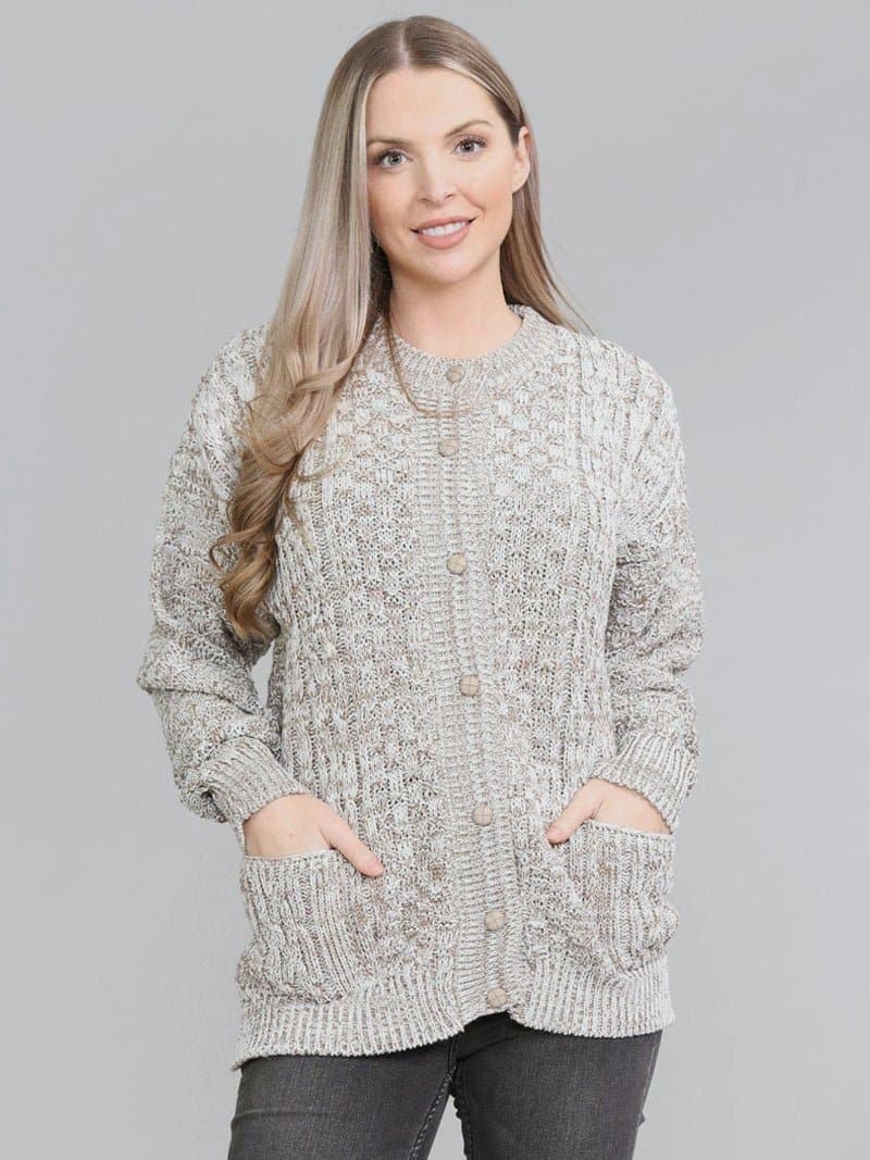 Women Cable Knitted Crew Neck 7 Button Cardigan Sweater - Remzs Fashion