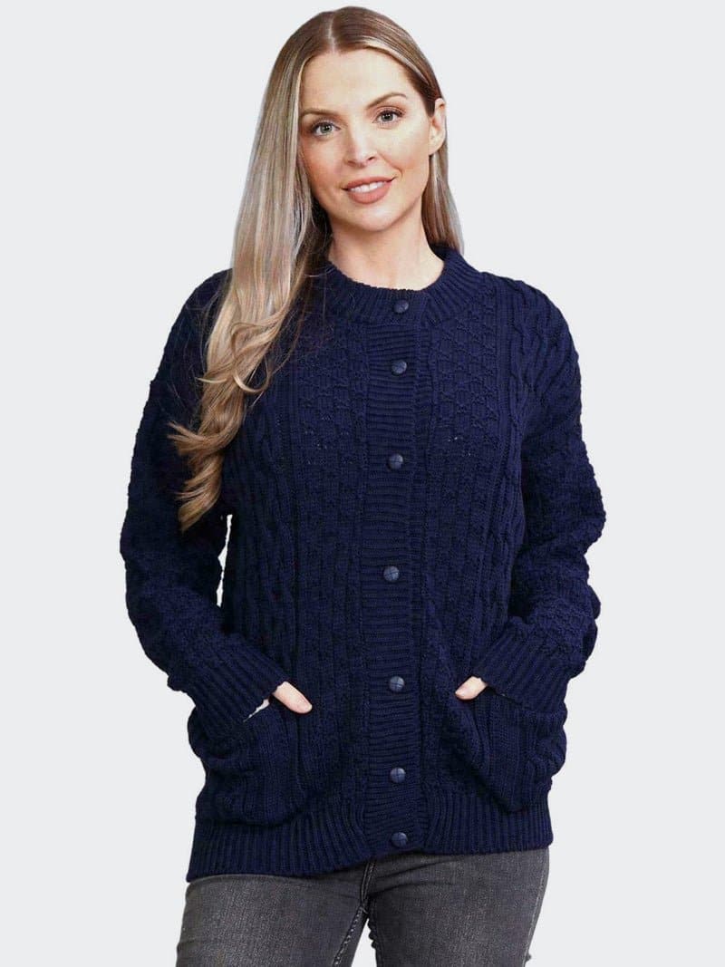 Women Cable Knitted Crew Neck 7 Button Cardigan Sweater - Remzs Fashion