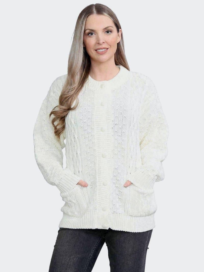 Women Cable Knitted Crew Neck 7 Button Cardigan Sweater - Remzs Fashion