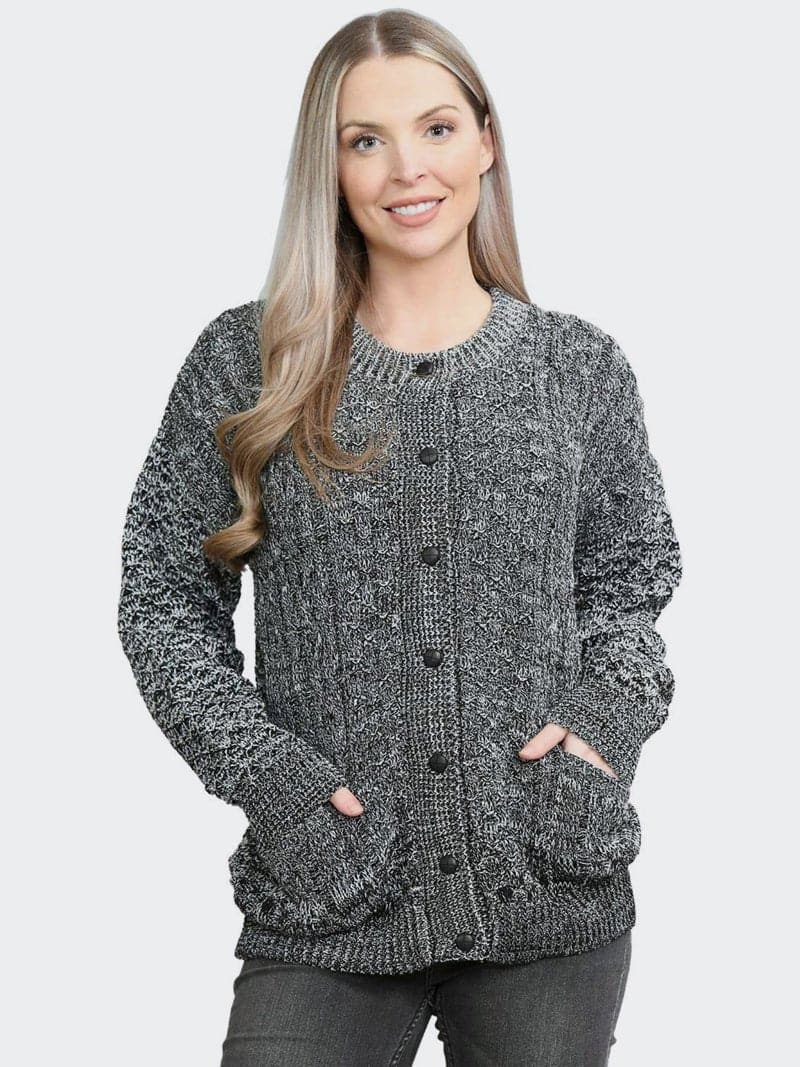 Women Cable Knitted Crew Neck 7 Button Cardigan Sweater - Remzs Fashion