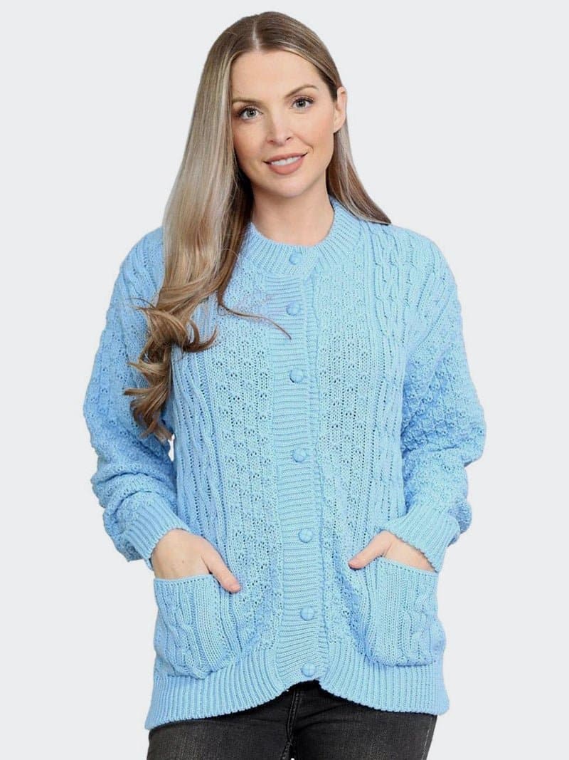 Women Cable Knitted Crew Neck 7 Button Cardigan Sweater - Remzs Fashion