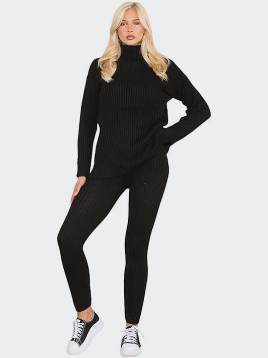 Women Chunky Cable Knitted Polo Neck Loungewear Suit - Remzs Fashion