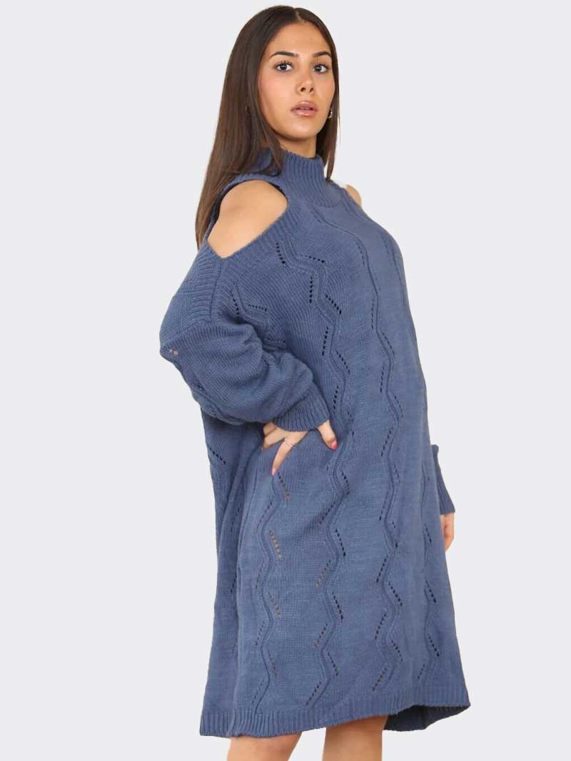 Women Chunky Knitted Cold Shoulder Midi Jumper Dress - Remzs Fashion