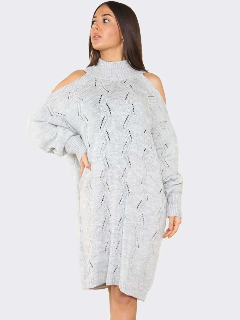 Women Chunky Knitted Cold Shoulder Midi Jumper Dress - Remzs Fashion