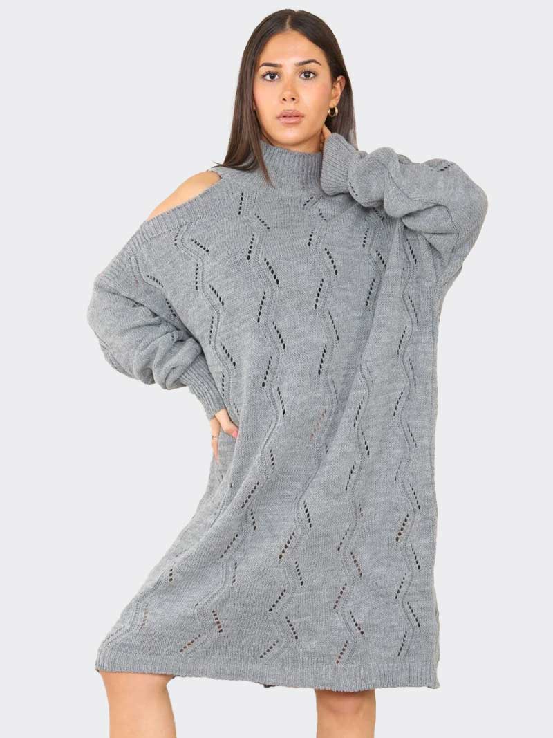 Women Chunky Knitted Cold Shoulder Midi Jumper Dress - Remzs Fashion