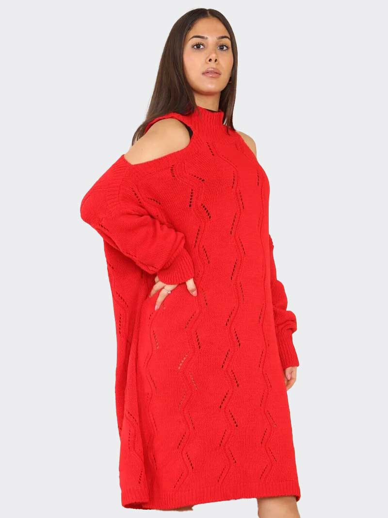 Women Chunky Knitted Cold Shoulder Midi Jumper Dress - Remzs Fashion