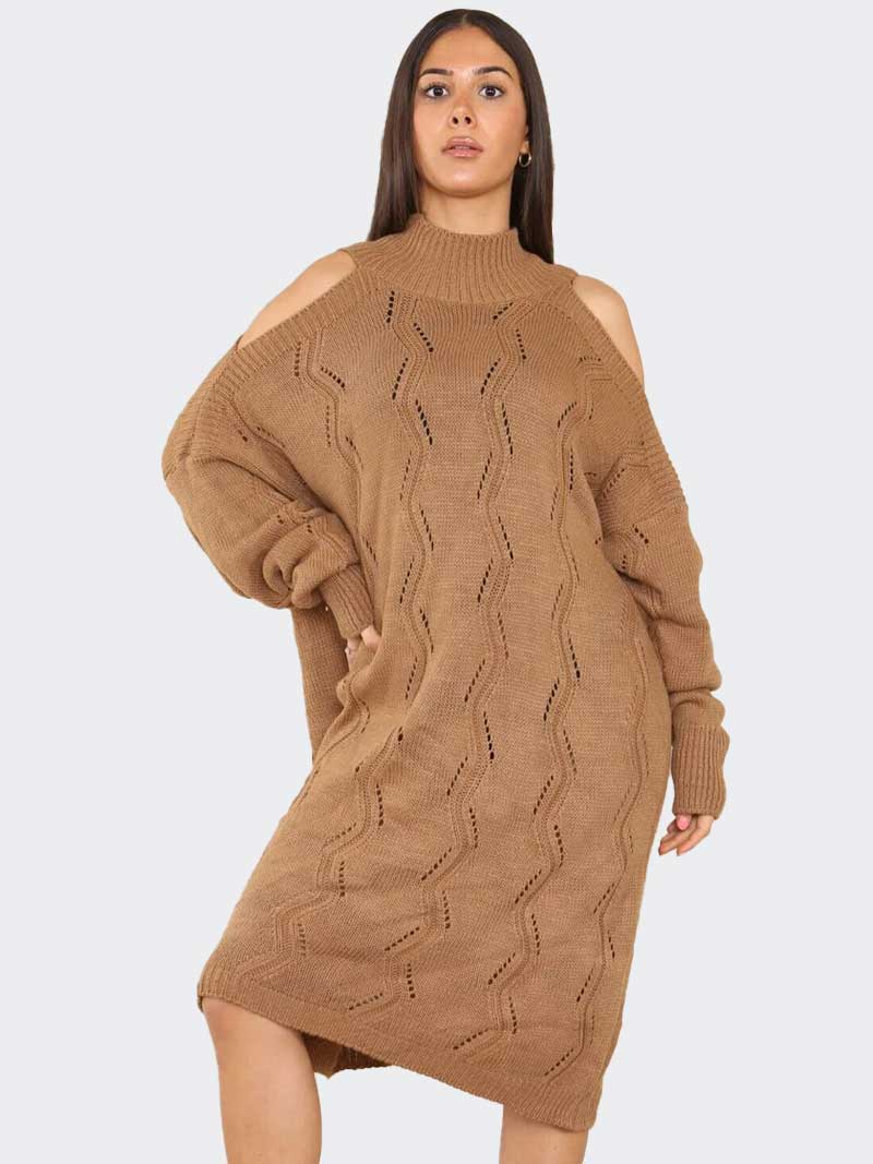 Women Chunky Knitted Cold Shoulder Midi Jumper Dress - Remzs Fashion