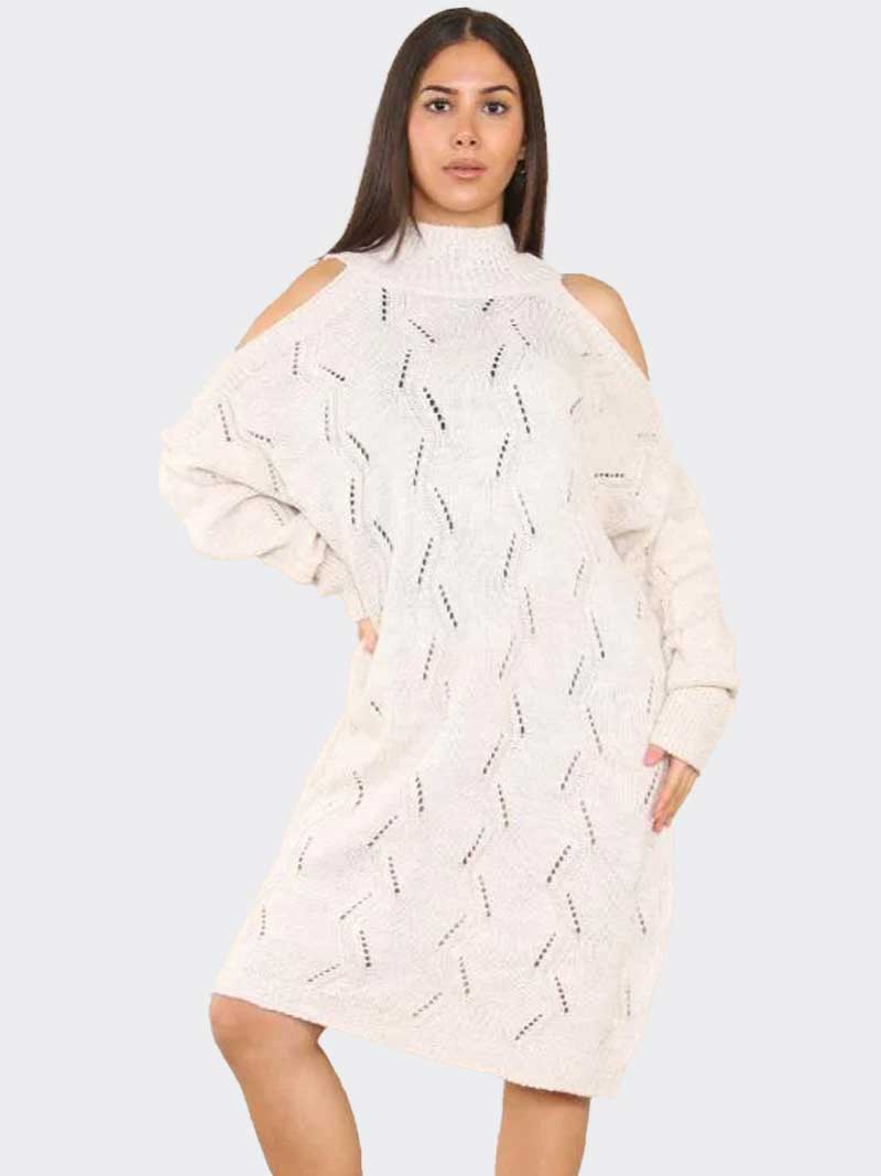 Women Chunky Knitted Cold Shoulder Midi Jumper Dress - Remzs Fashion