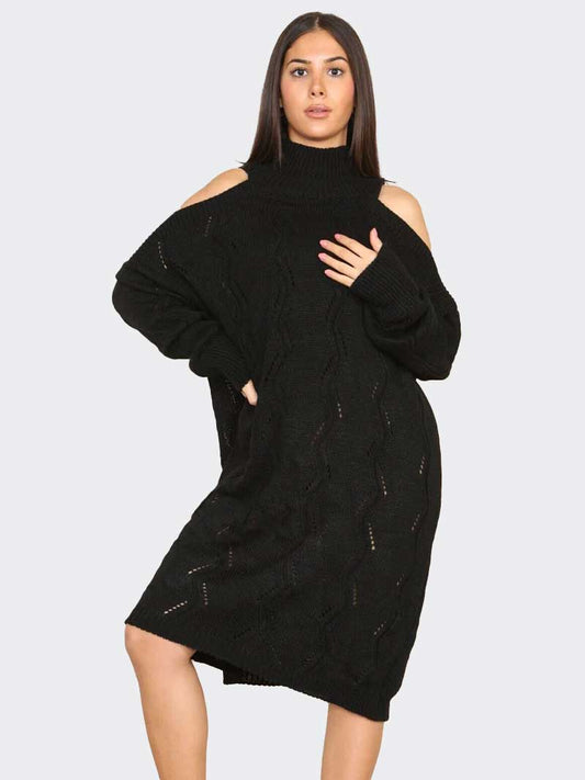 Women Chunky Knitted Cold Shoulder Midi Jumper Dress - Remzs Fashion