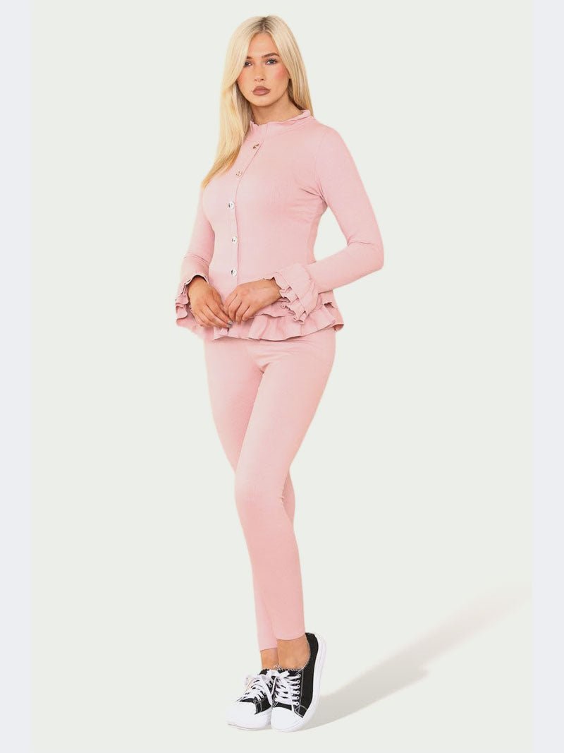 Women Frill Cuff Shirt and Legging Loungewear Suit - Remzs Fashion