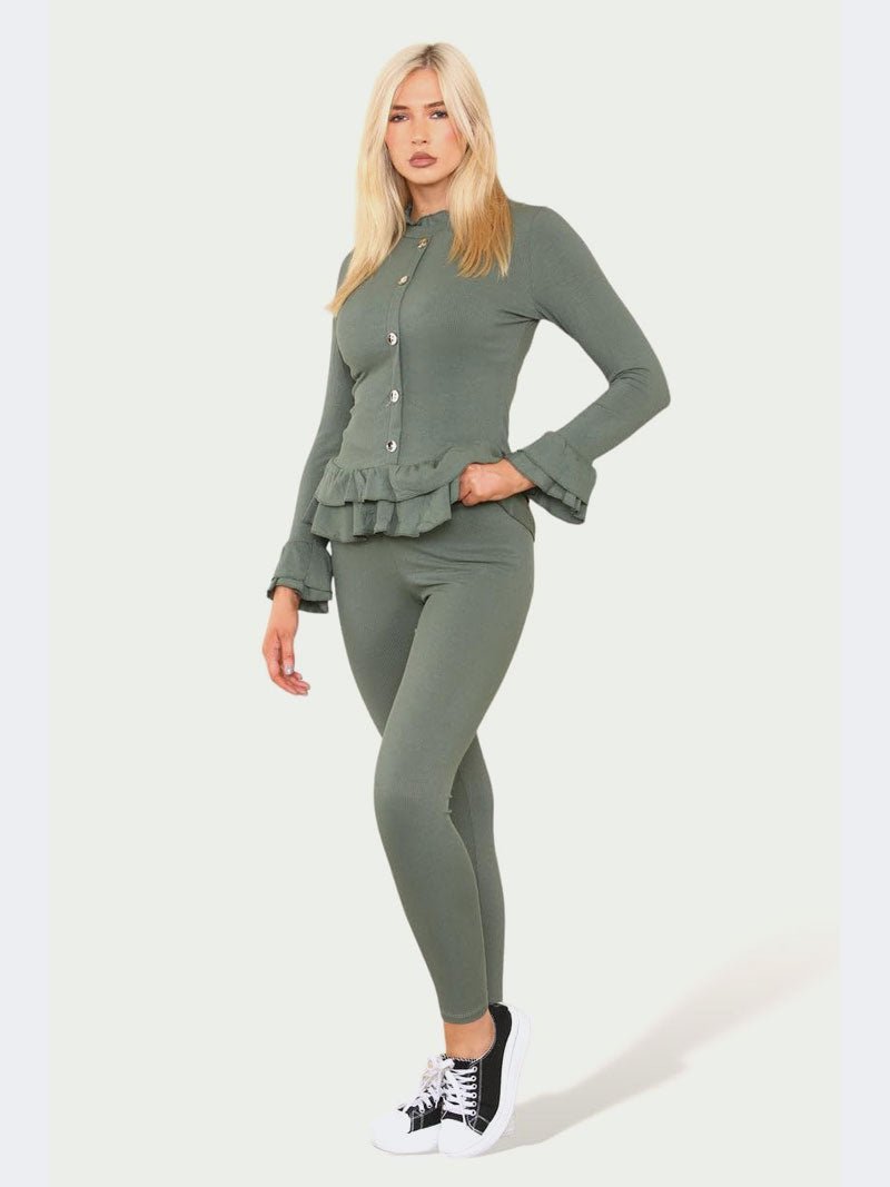 Women Frill Cuff Shirt and Legging Loungewear Suit - Remzs Fashion