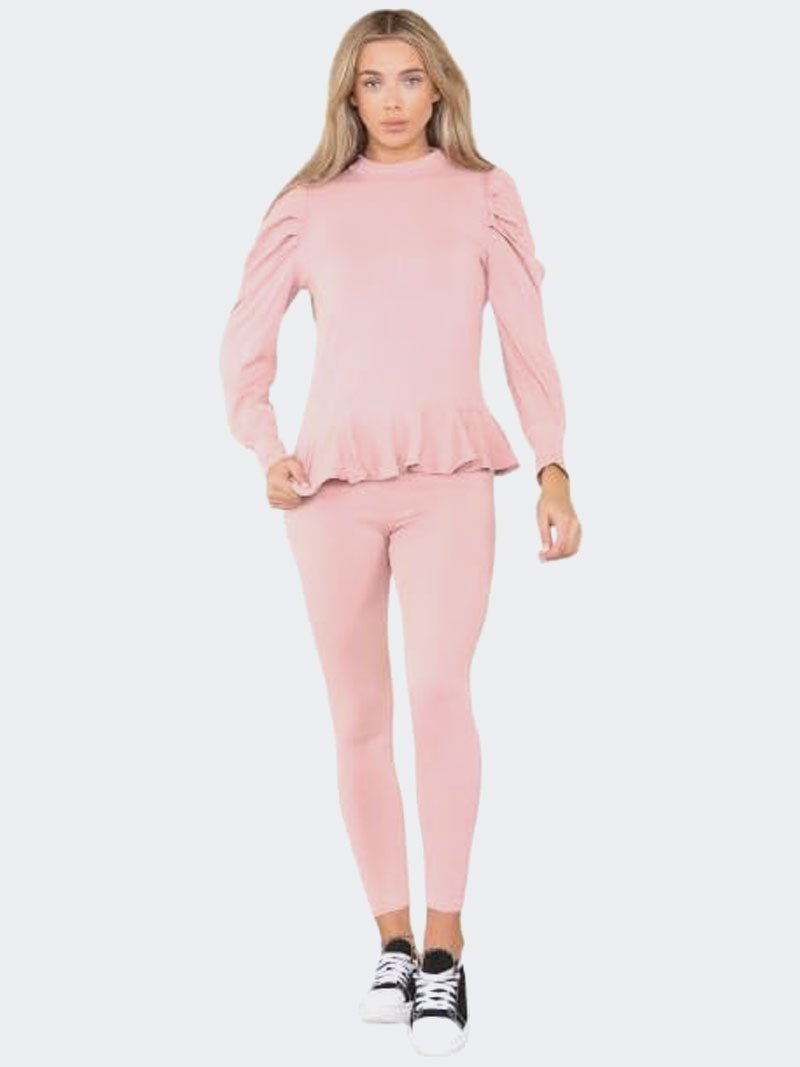 Women Frill Hem Puff Sleeve Top and Legging Loungewear Suit - Remzs Fashion